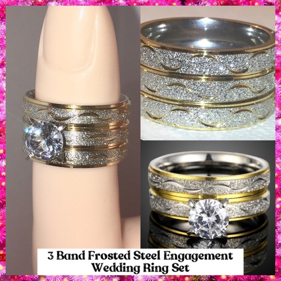 ⚜️ Two Tone Frosted Steel 3 Band Wedding Ring Set - Picture 1 of 13
